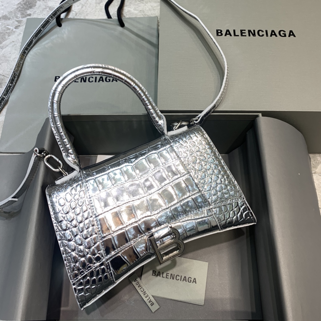 Balenciaga Hourglass Small Handbag Crocodile Embossed Shoulder Bag Silver